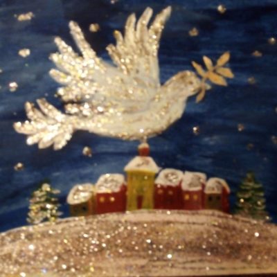 ręcznie namalowany obraz betlejem z gołębiem jako symbolem nadziei