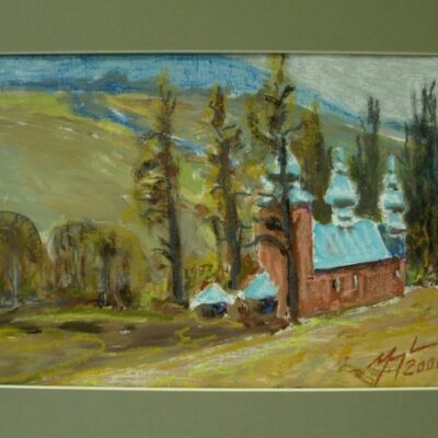 Obraz namalowany farbami. Widok gór