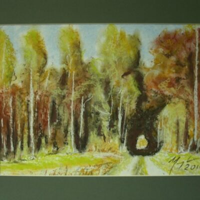 Obraz namalowany farbami. Widok lasu