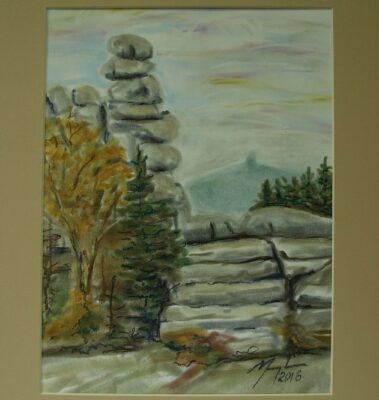 Obraz namalowany farbami. Widok skał