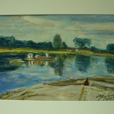 Obraz namalowany farbami. Widok jeziora