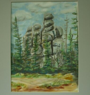 Obraz namalowany farbami. Widok skał