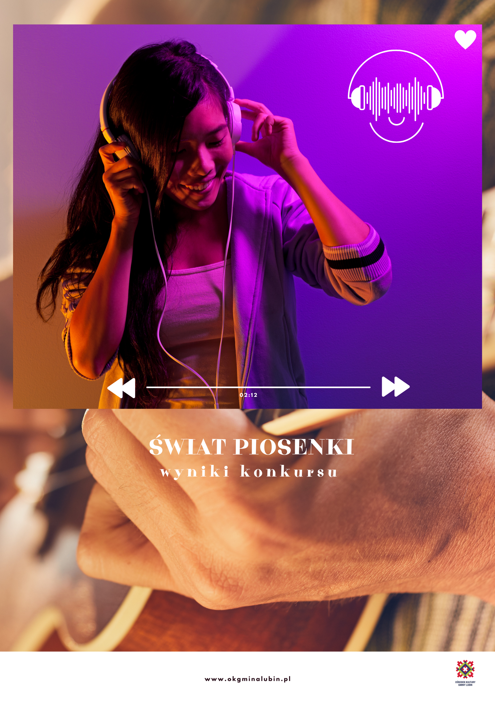 plakat wyniki konkursu świat piosenki na plakacie dziewczyna słuchająca muzyki na fioletowym tle na dole logo ośrodka kultury gminy lubin