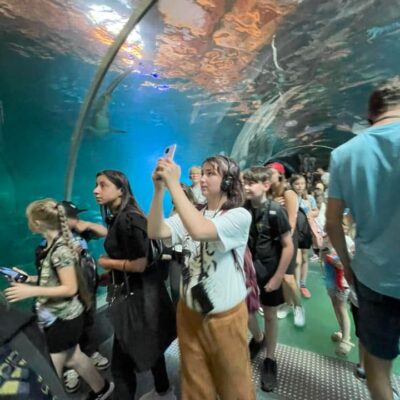 grupa dzieci i dorosłych podziwiająca akwarium w afrykanarium w zoo we wrocławiu