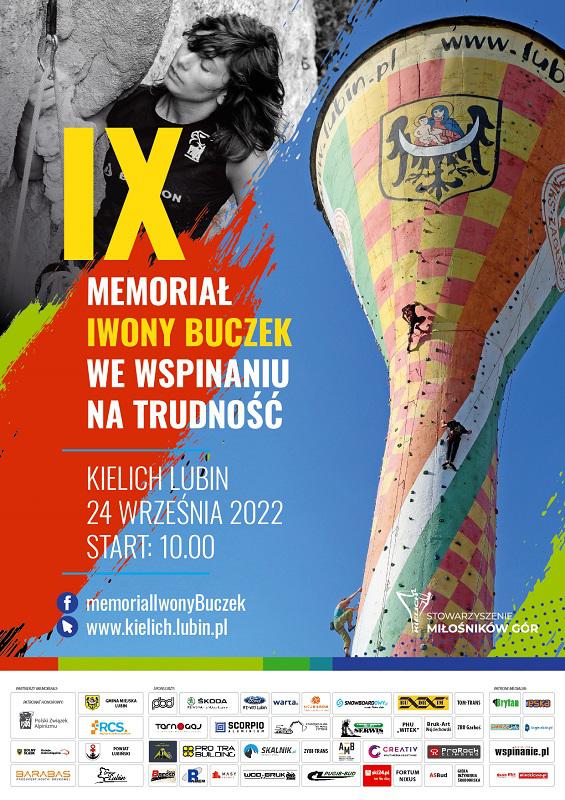 memorial Iwony Buczek 2022 plakat na kórym jest lubiński kielich wieża wspinaczkowa i zdjęcie iwony buczek