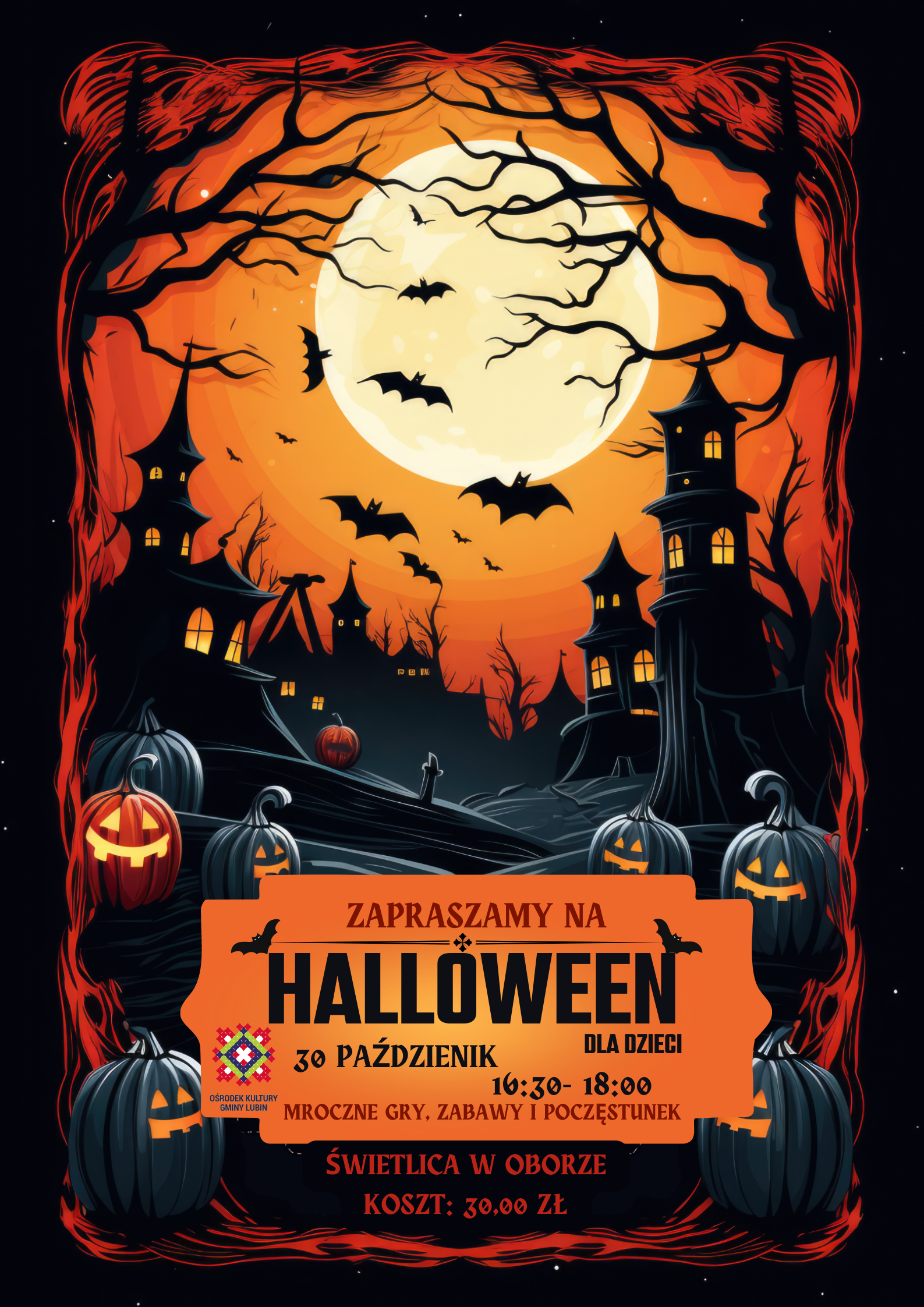 Halloween dla dzieci, na plakacie czarno, z pełnią, dużo nietoperzy i pomarańczowych dyń