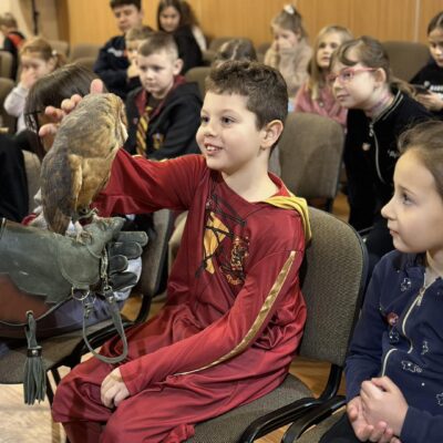 Dzieci podziwiające i dotykające żywą sowę.