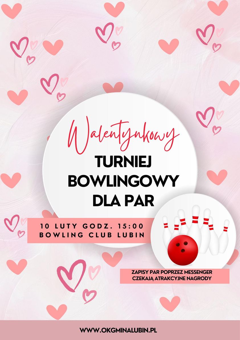 Walentynkowy plakat turnieju bowlingowego dla par.