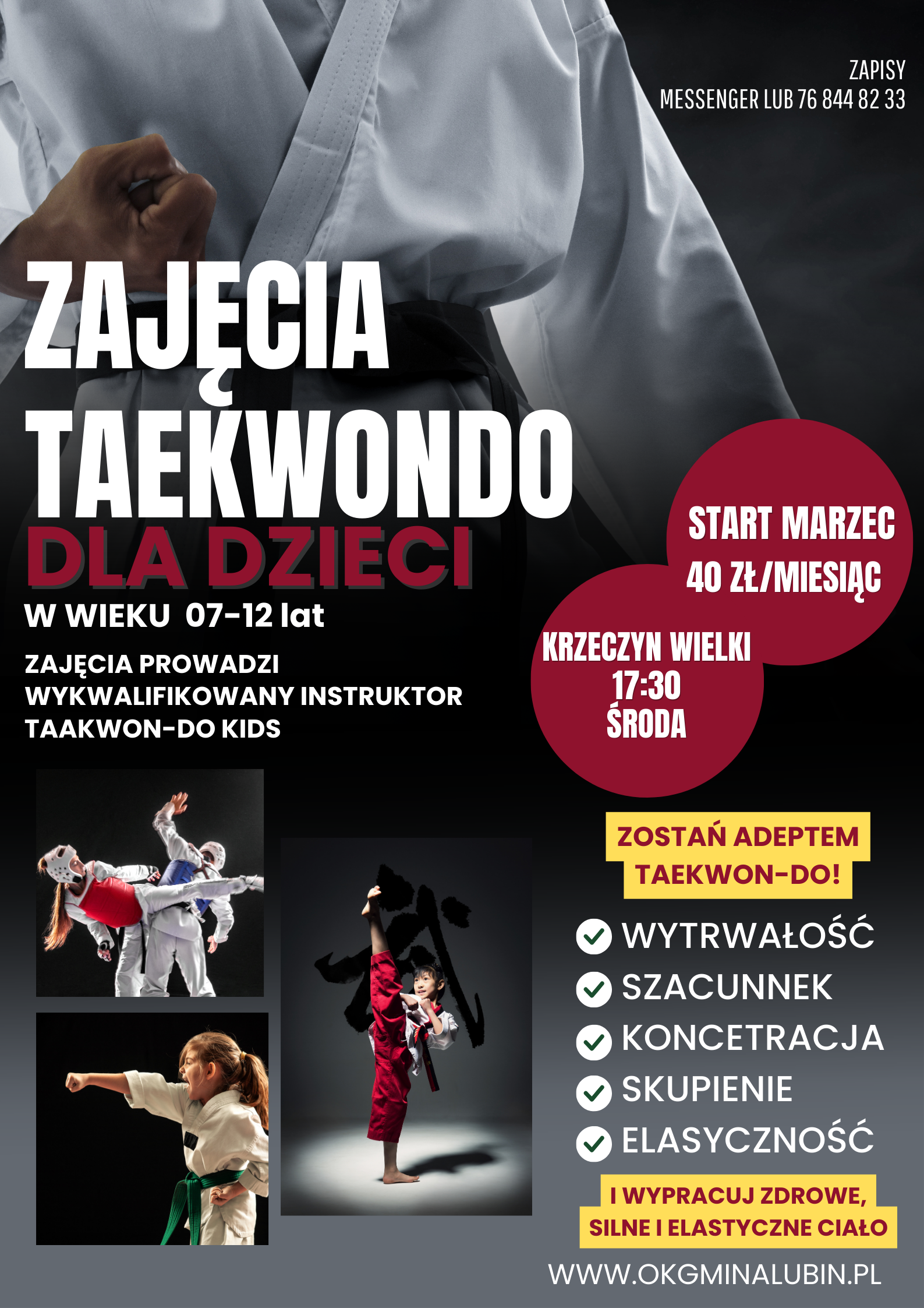 Plakat zajęć z Taekwondo dla dzieci.