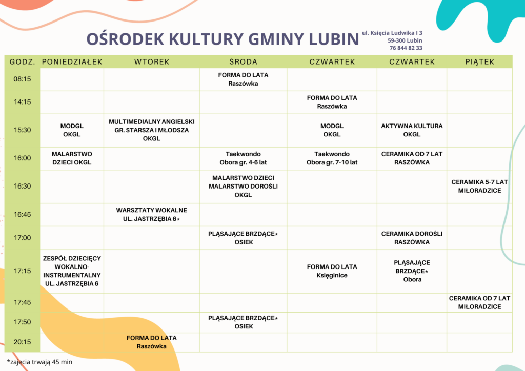 harmonogram zajęć dla dzieci i dorosłych w okgl