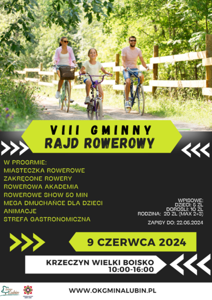 Plakat informujący o VIII Gminnym Rajdzie Rowerowym, dnia 09.06.2024 z centrum w Krzeczynie Wielkim