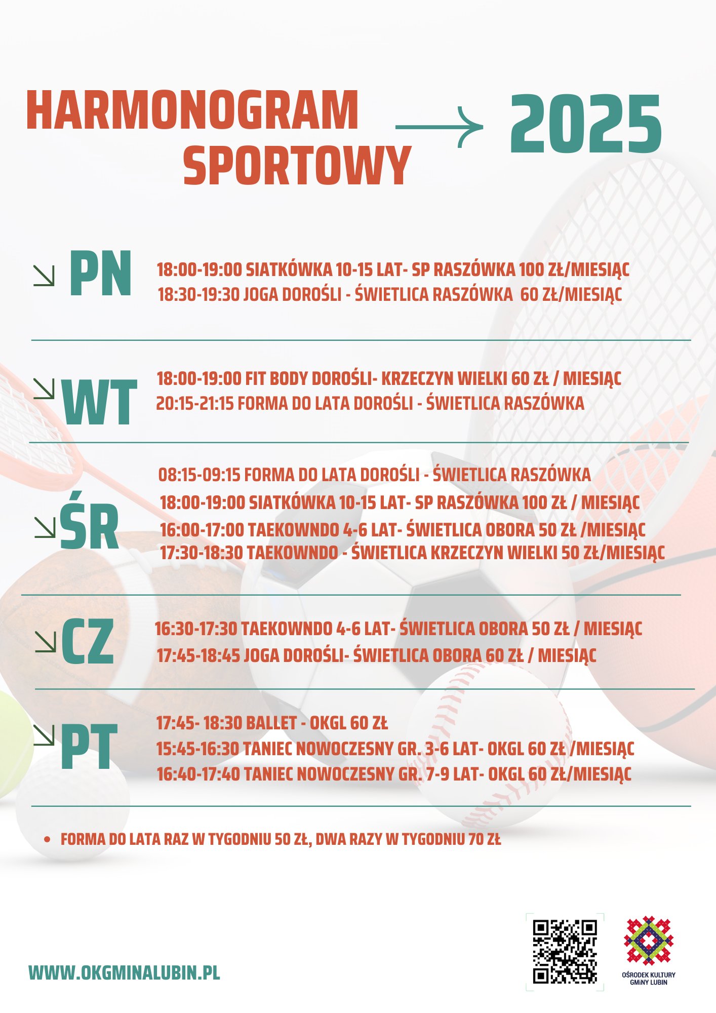 Plakat informujący o wydarzeniach sportowych oferowanych przez Ośrodek Kultury Gminy Lubin