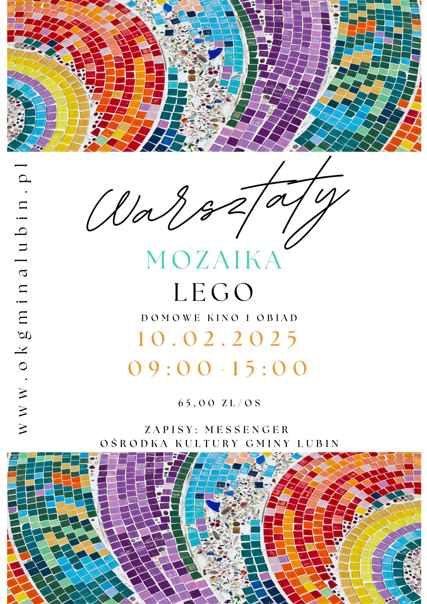 Mozaika - ferie z OKGL 2025 - warsztaty. Plakat informacyjny