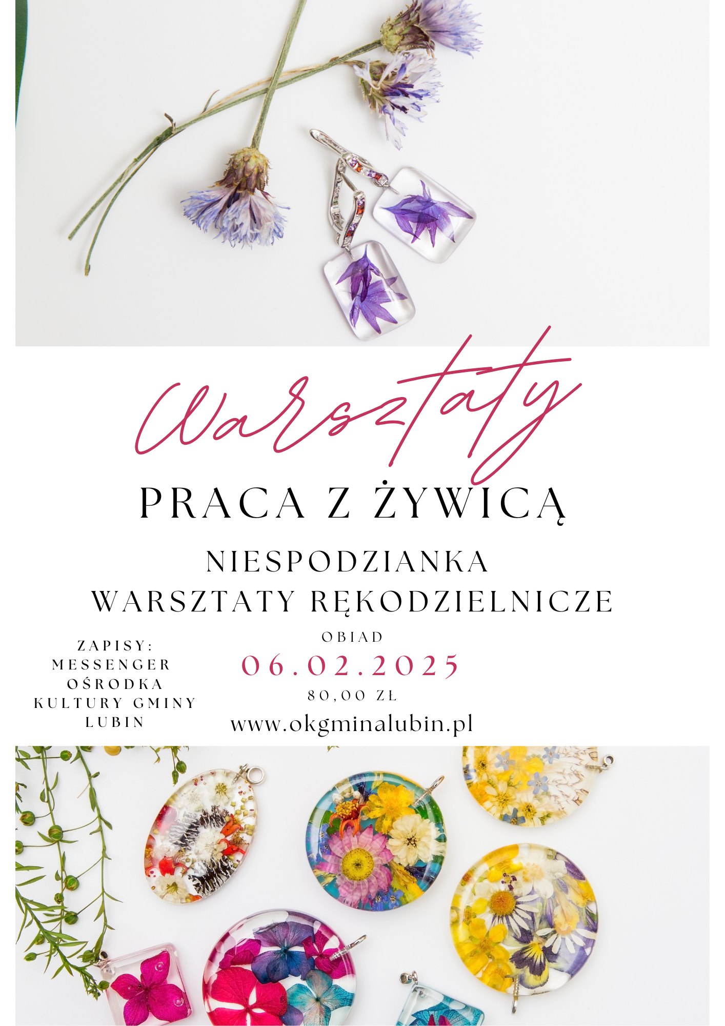 Rękodzieło - Ferie z OKGL 2025. Plakat informacyjny.