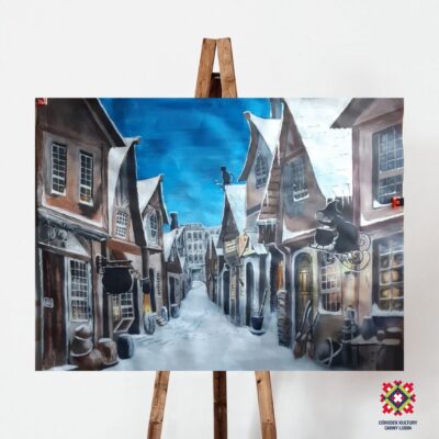 Obraz Grażyny Pęciak,namalowany farbami. Uliczka z domami