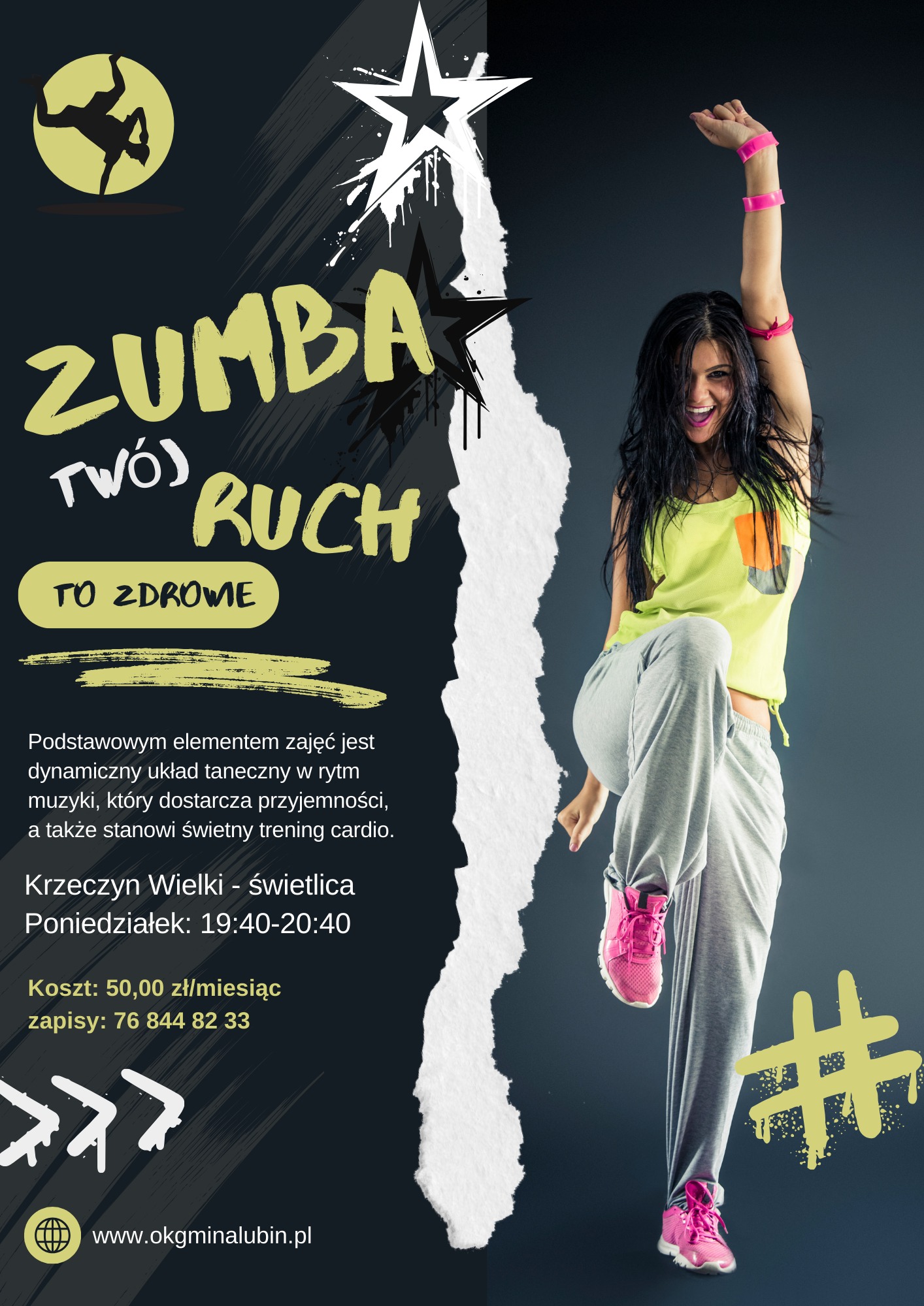 Plakat informujący o zapisach na zajęcia Zumby