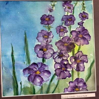 obraz Grażyny Pęciak. Namalowany farbami, kwiaty fioletowe