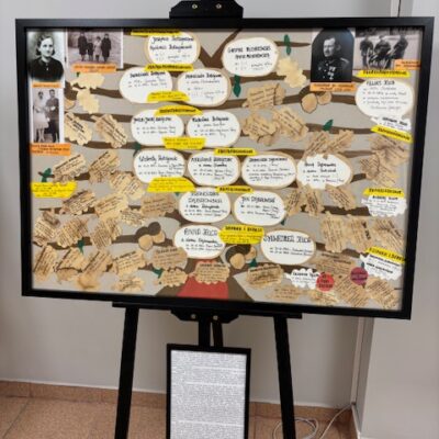 Praca nagrodzona w konkursie. Obraz na sztaludze z drzewem genealogicznym rodziny.