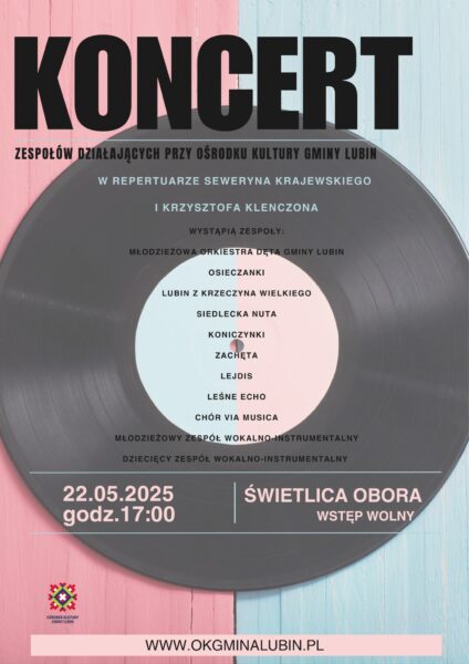 Plakat z płytą winylową w tle. Koncert 22 maj 2025 Obora. Zespoły OKGL.