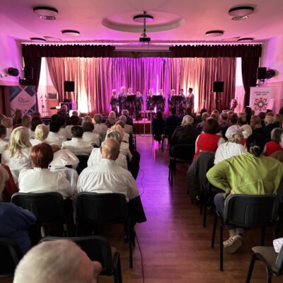 zdjęcie widowni i sceny z daleka. Ludzie siedzą tyłem.