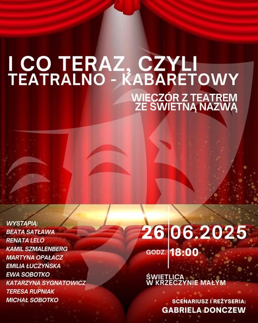 pLAKAT NA TEATR W TLE SCENA I CZERWONE KURTYNY NA PIERWSZYM PLANIE ROZMYTE DWIE MASKI