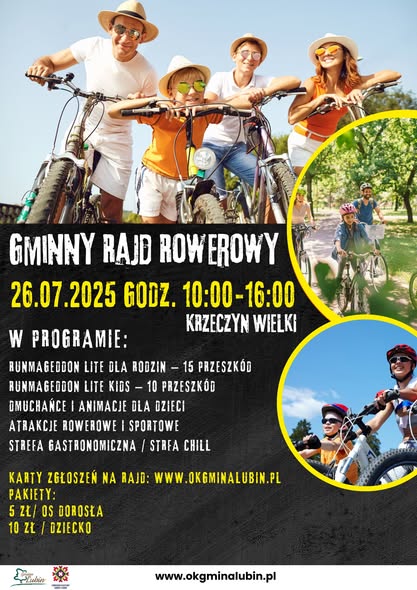 PLAKAT NA RAJD ROWEROWY RODZINA NA ROWERACH W TLE