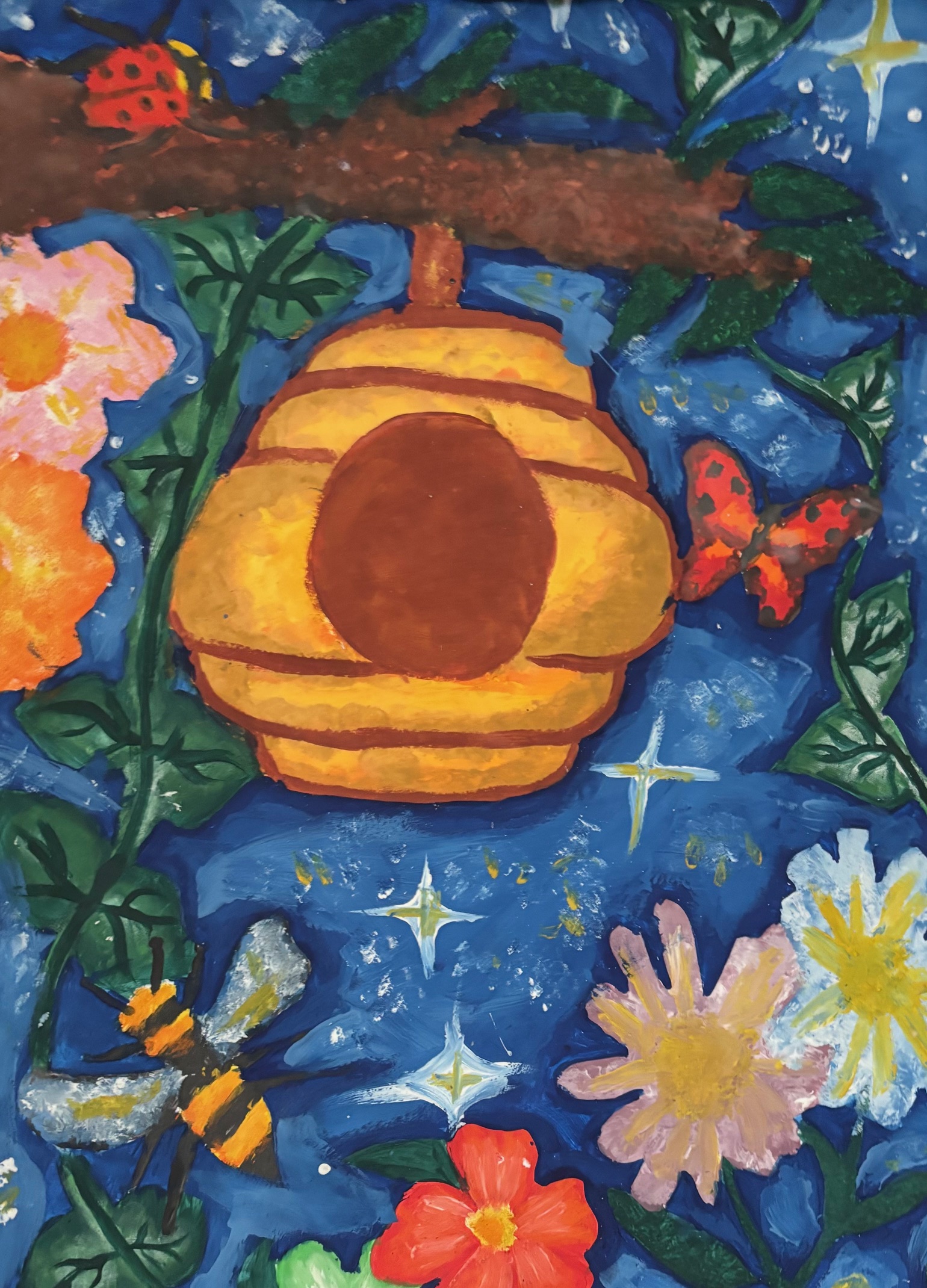 obraz namalowany farbami kokon pszczeli na gałęzi