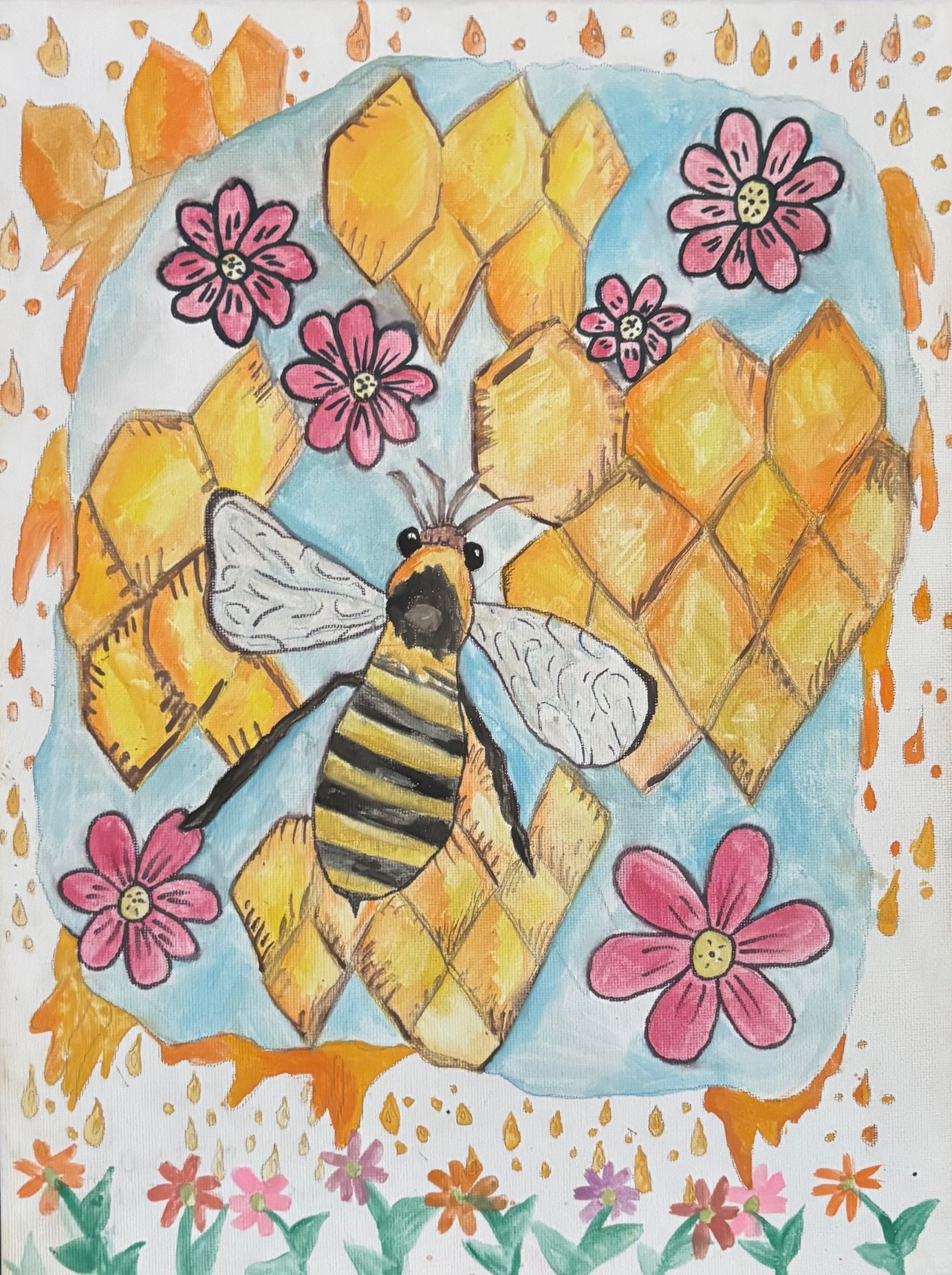 obraz malowany farbami plastry miodu i pszczołą