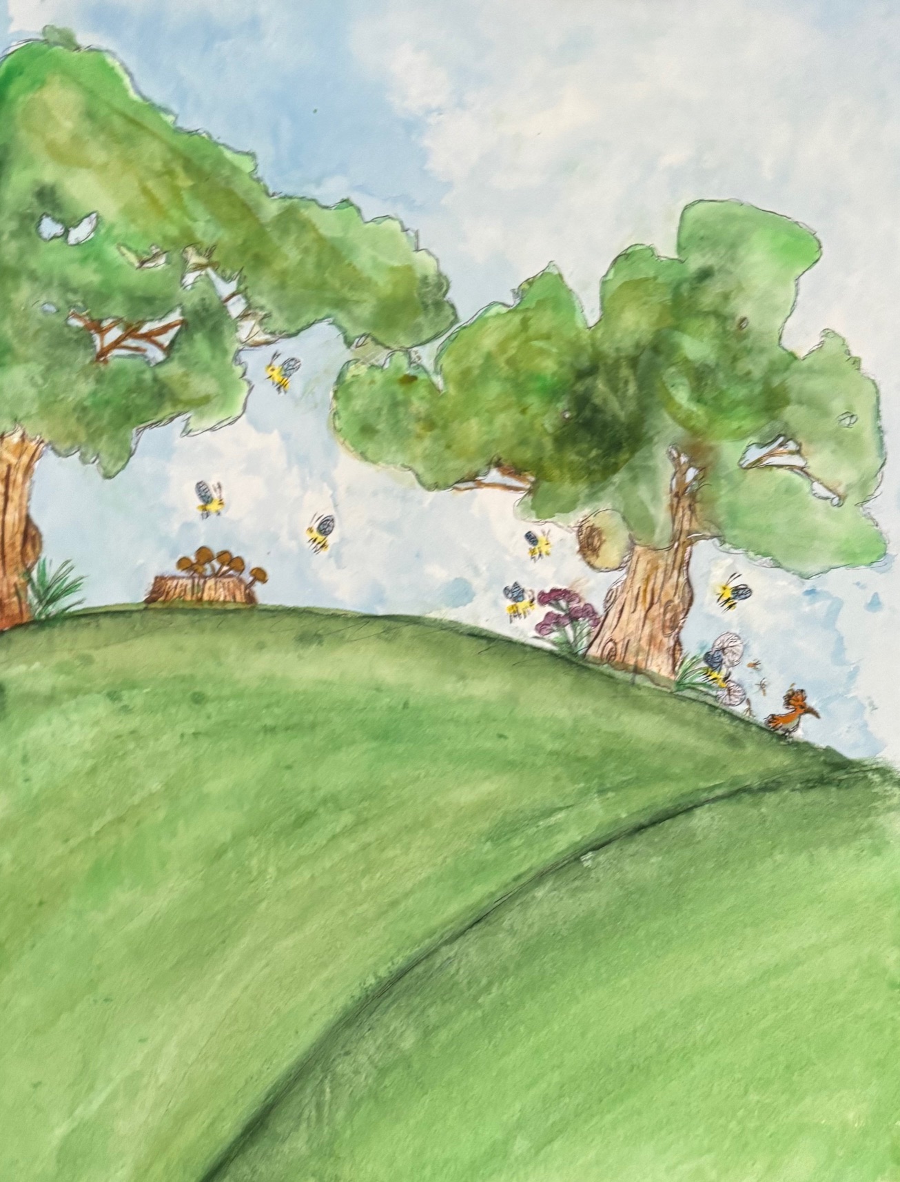 obraz akwarelowy łąka drzewa pszczoły