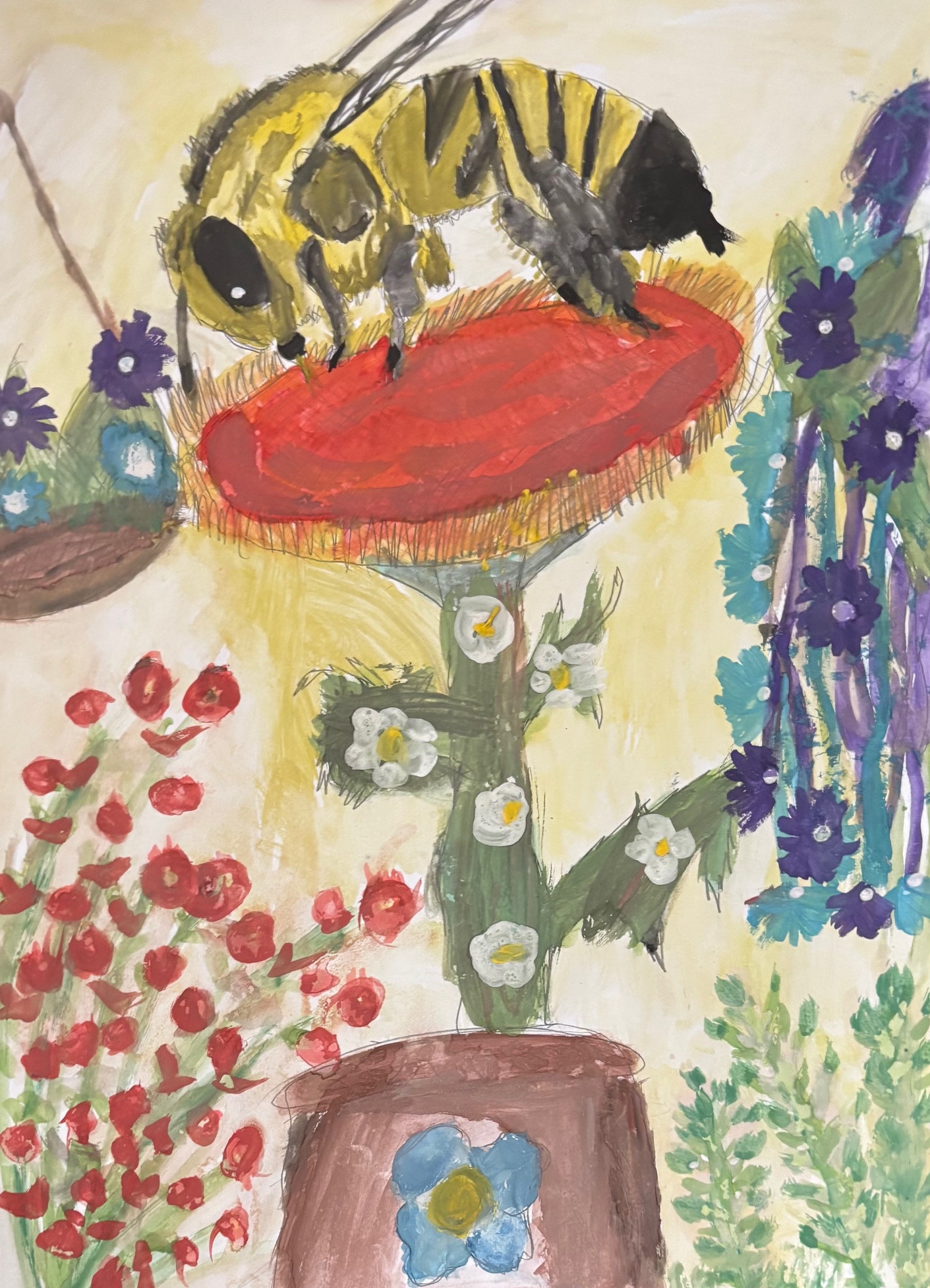 pszczoła na kwiatku obraz malowany farbą