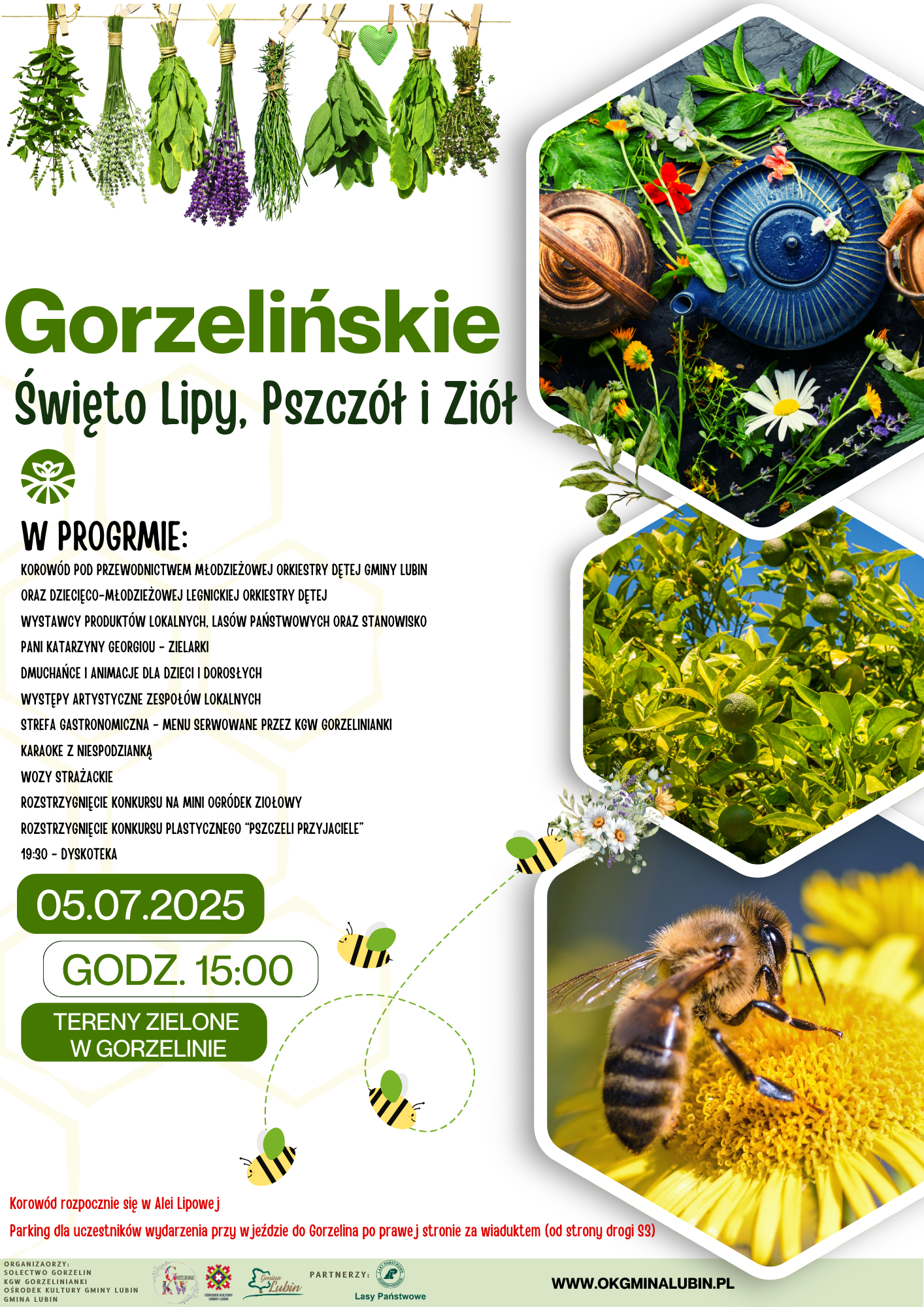 Plakat na Gorzelińskie święto. W tle zioła pszczoły i kwiaty