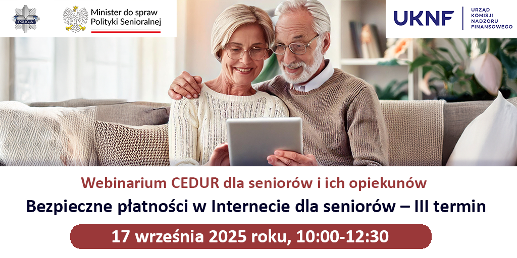plakat z seniorami w tle patrzących w tablet