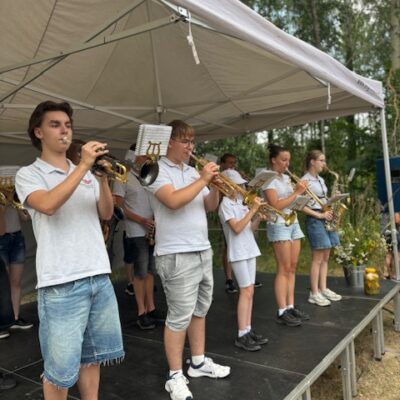 orkiestra na scenie gra na instrumentach dętych