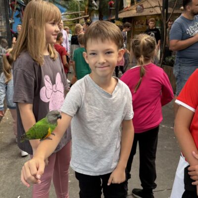 chłopiec na ręce ma małą papugę, jest zadowolony