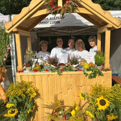 koło gospodyń pozuje do zdjęcia w domku