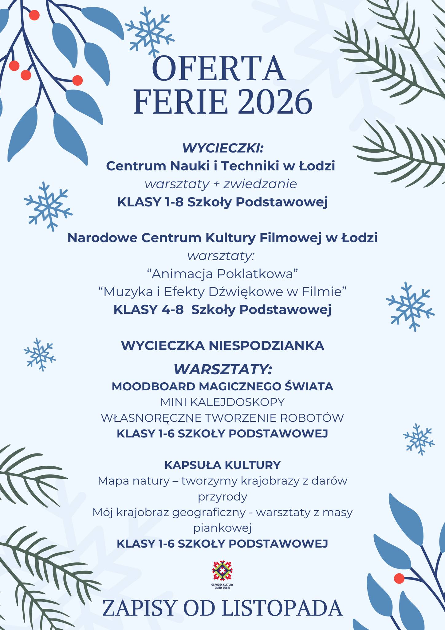 plakat zapowiedź ferii