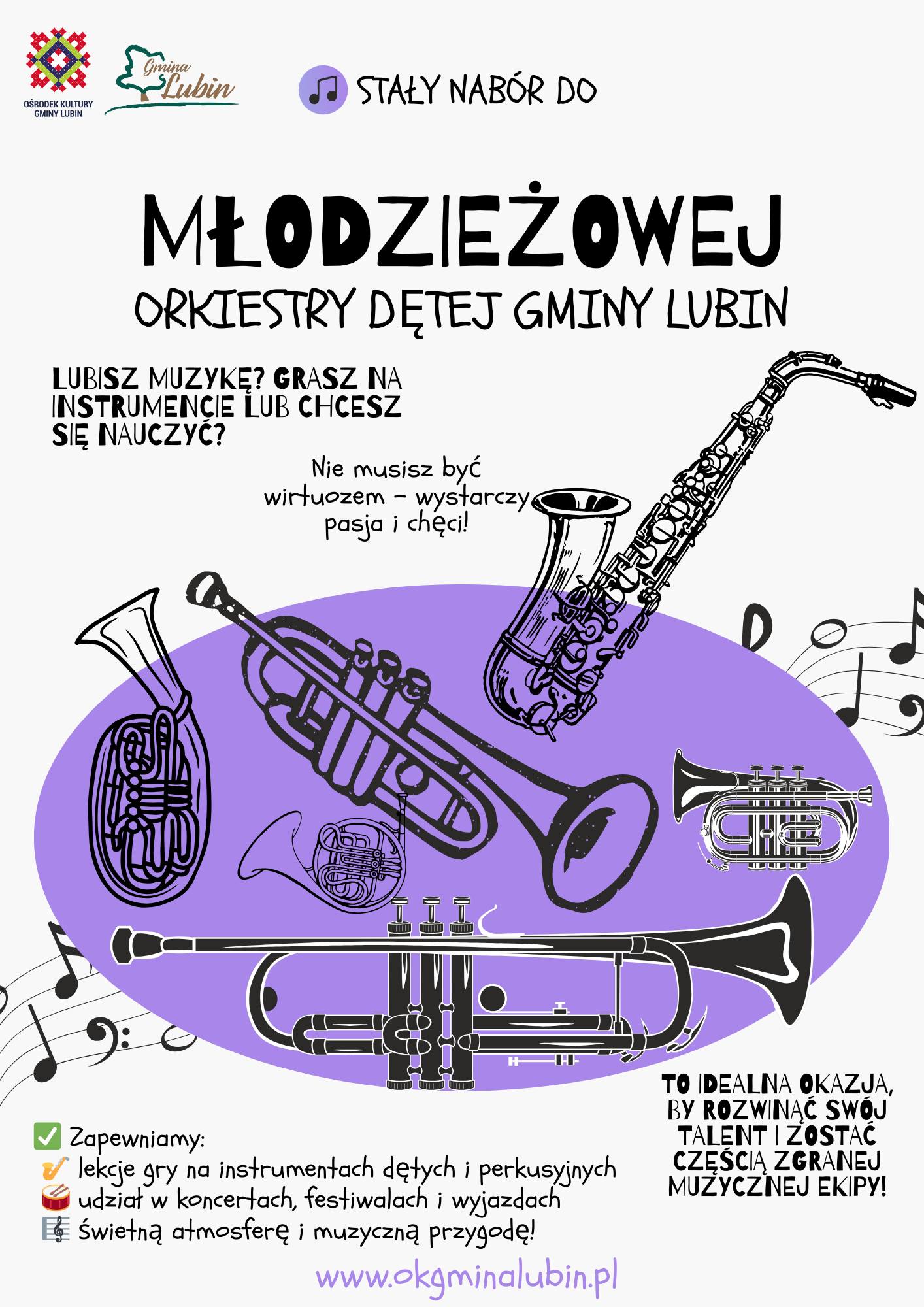 Plakat informujący o naborze do Młodzieżowej Orkiestry Dętej Gminy Lubin