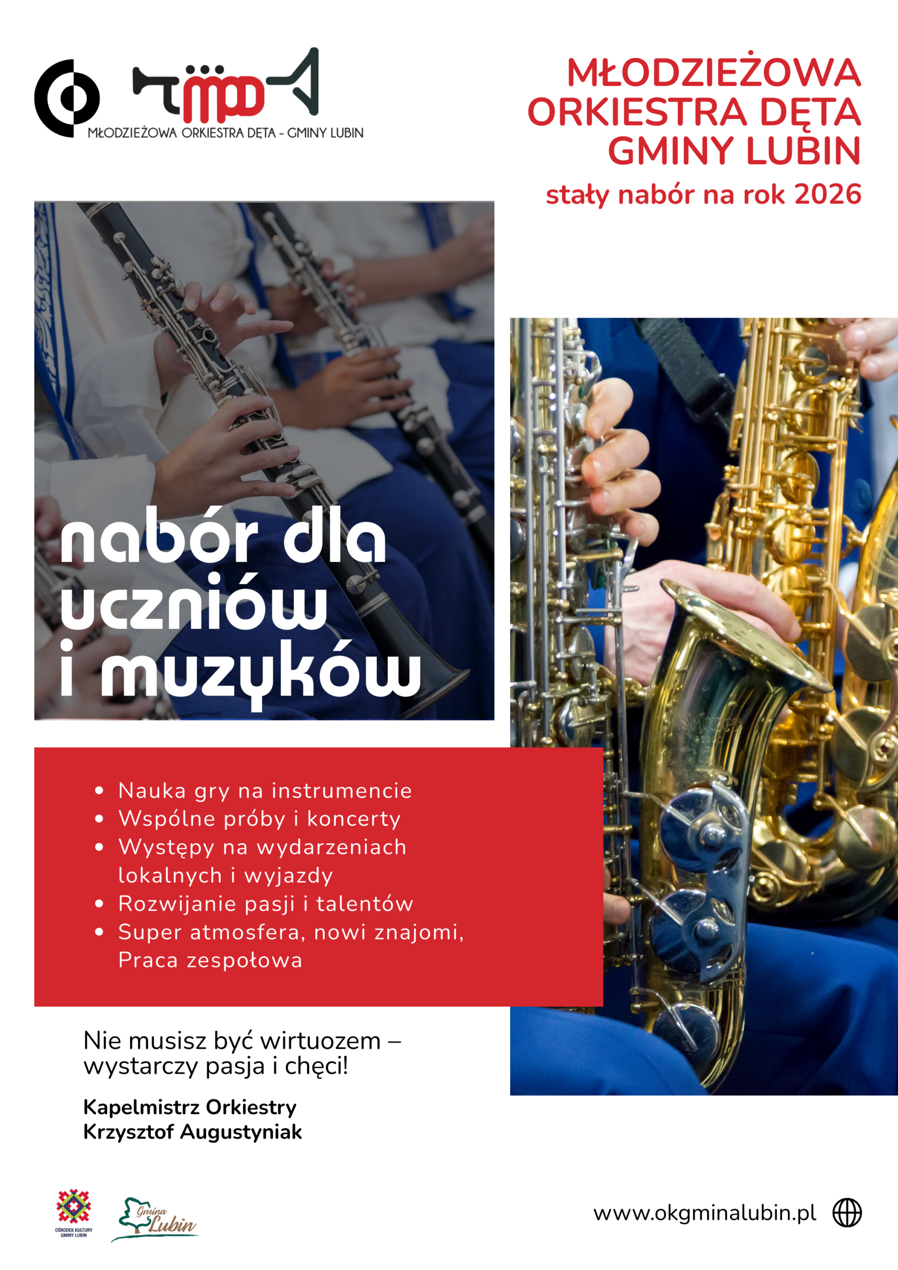 Plakat informujący o stałym naborze do Młodzieżowej Orkiestry Dętej Gminy Lubin