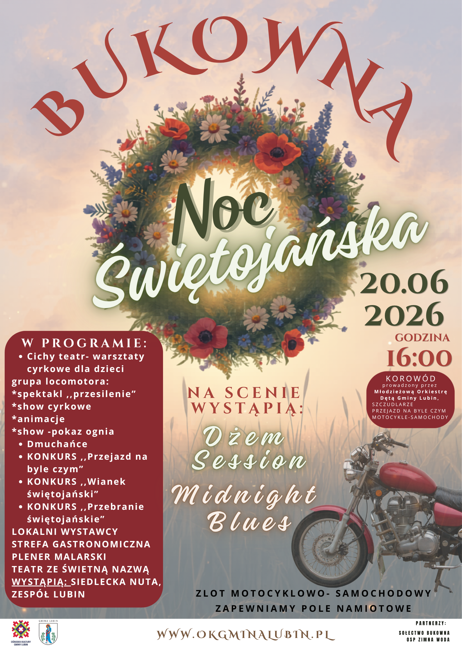 Plakat informujący o Nocy Świętojańskiej w Bukownej dnia 20.06.