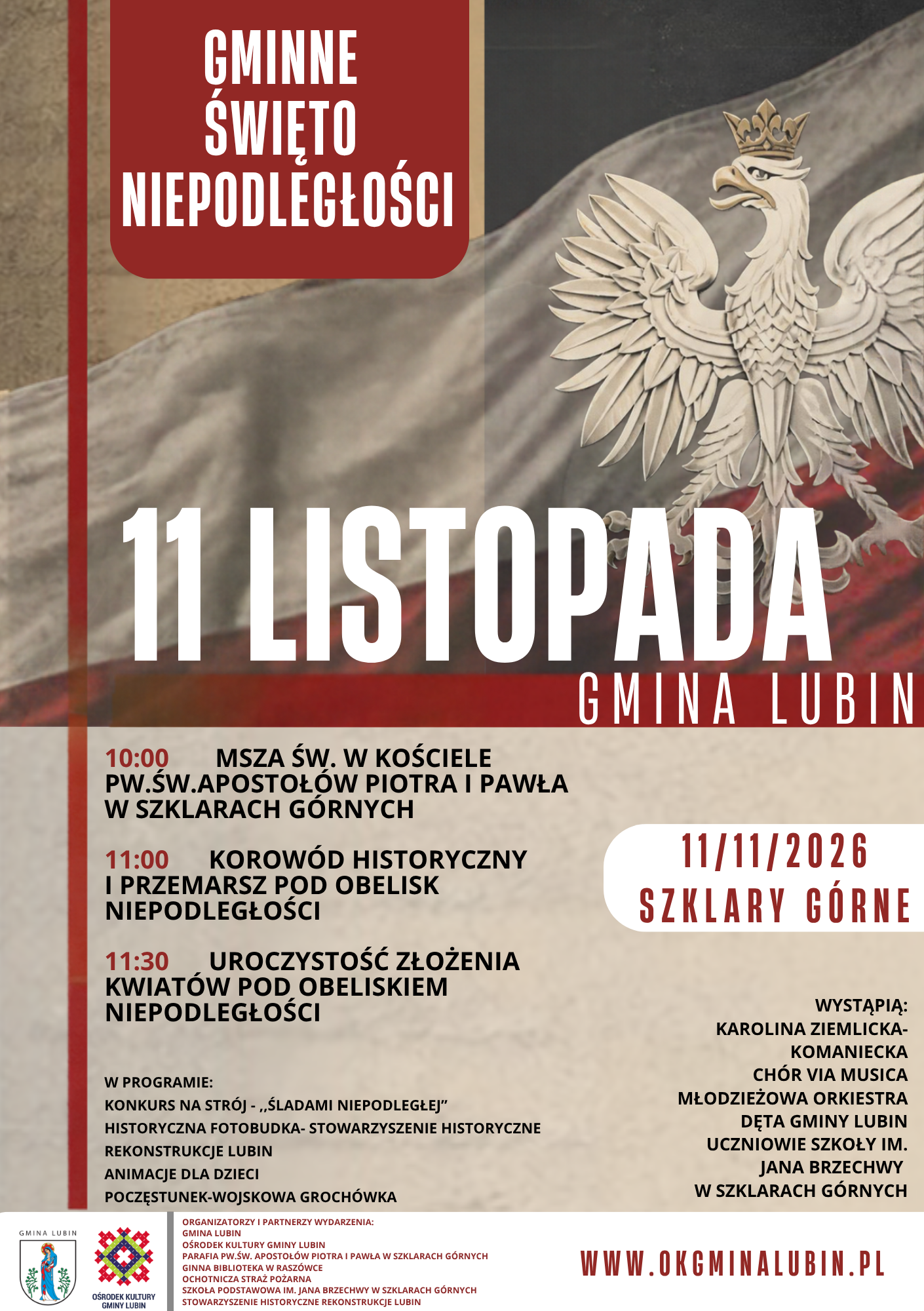 Plakat Gminnych obchodów Święta Niepodległości w Szklarach Górnych 11.1..2026r.